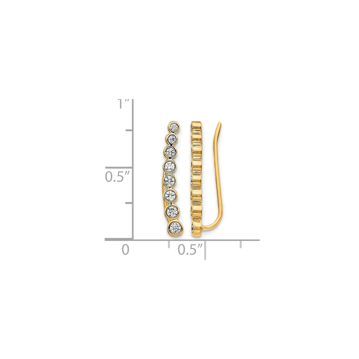 14k Yellow Gold Linear Ear Climber Earrings with Round Bezel Set Diamonds, Minimalist Design