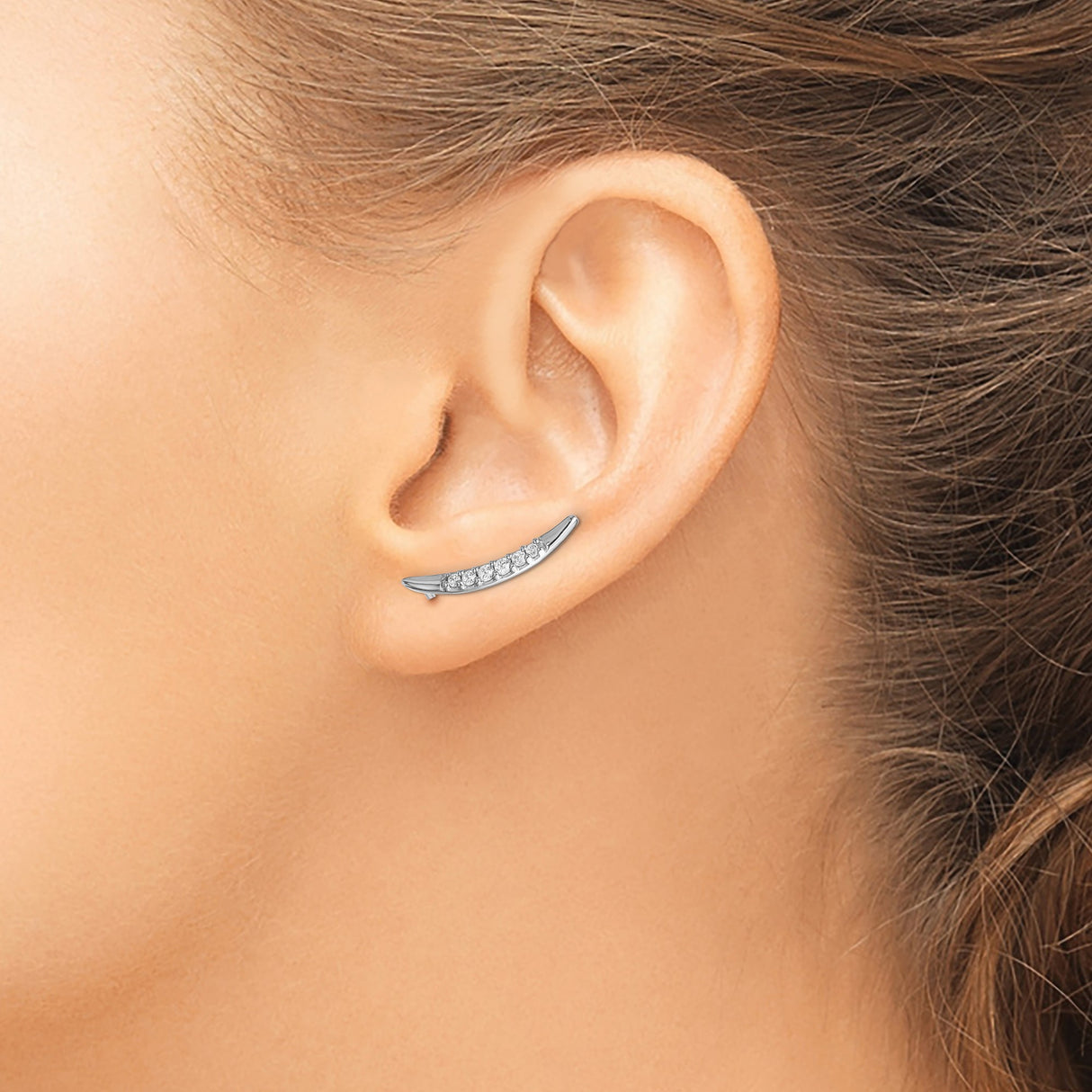 14k White Gold Diamond Ear Climber Earrings, Curved Modern Minimalist Design for Women