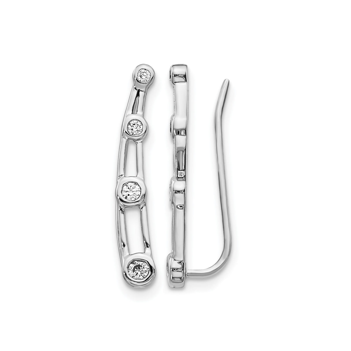 14k White Gold Climber Earrings with Bezel Set Diamonds, Open Bar Minimalist Design