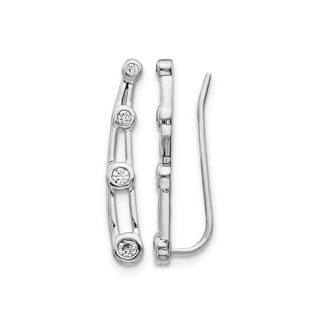 14k White Gold Climber Earrings with Bezel Set Diamonds, Open Bar Minimalist Design