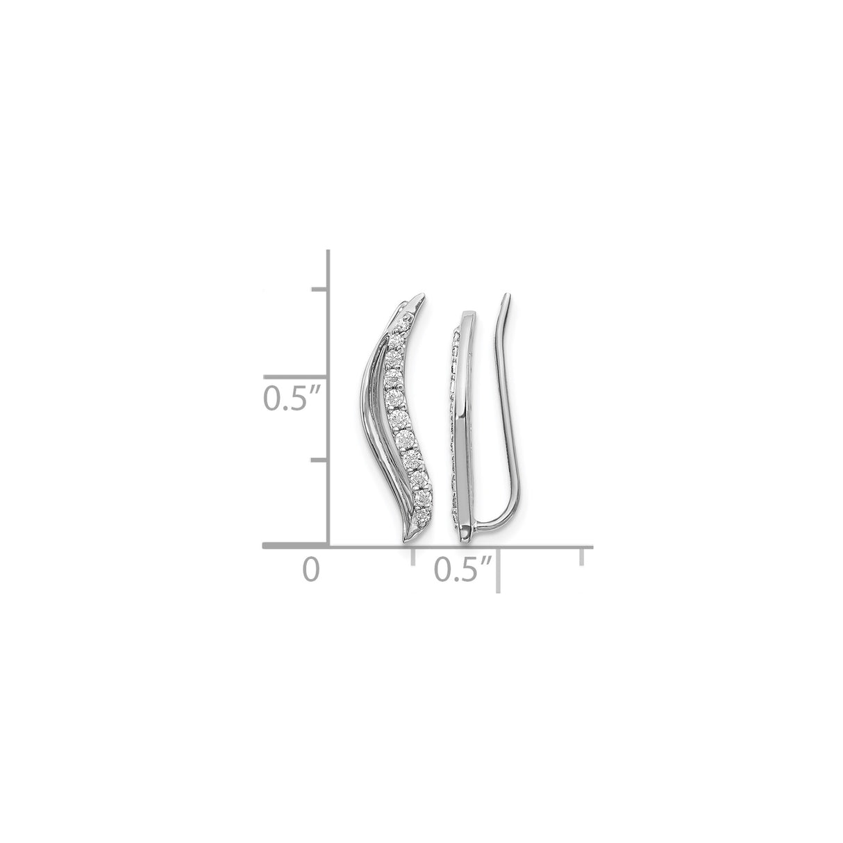 14k White Gold Diamond Ear Climber Earrings, Wave Design Curved Studs for Women