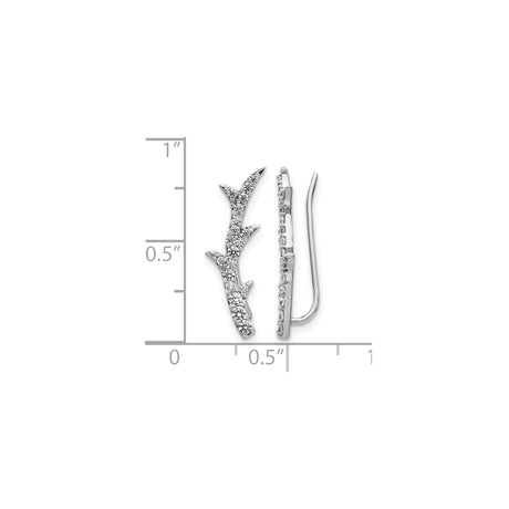 14k White Gold Ear Climber Earrings with Cubic Zirconia, Branch Design, Nature Inspired