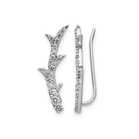14k White Gold Ear Climber Earrings with Cubic Zirconia, Branch Design, Nature Inspired