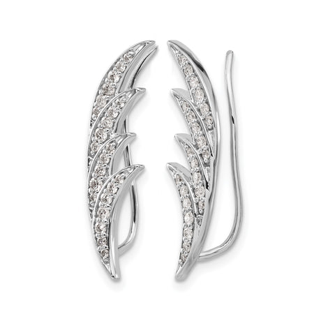 10k White Gold Earrings with Diamond, Flowing Feather Ear Climbers for Women