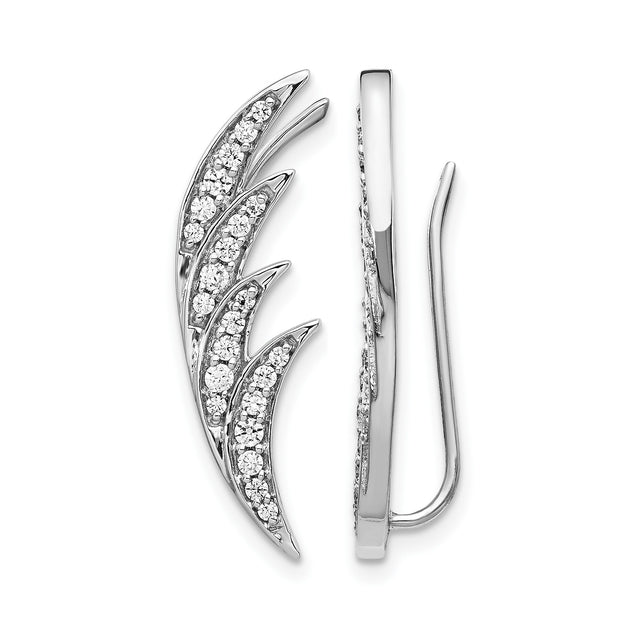 10k White Gold Earrings with Diamond, Flowing Feather Ear Climbers for Women