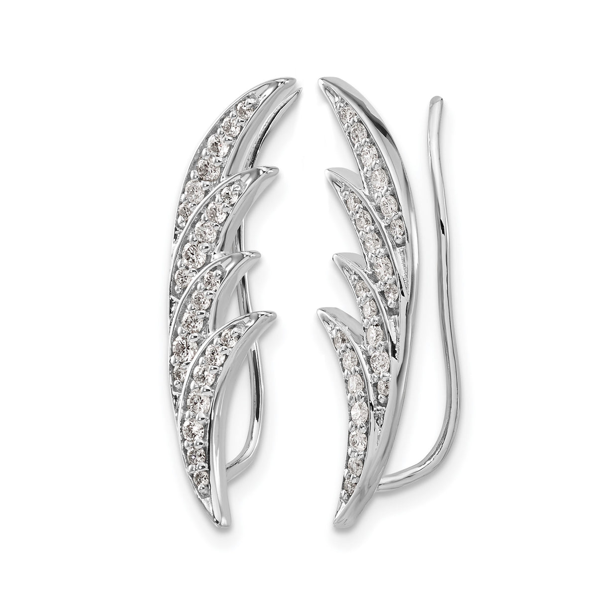 14k White Gold Ear Climber Earrings with Diamond Leaf Design