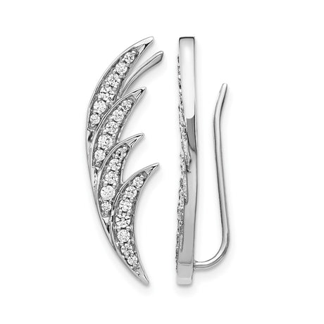 14k White Gold Ear Climber Earrings with Diamond Leaf Design
