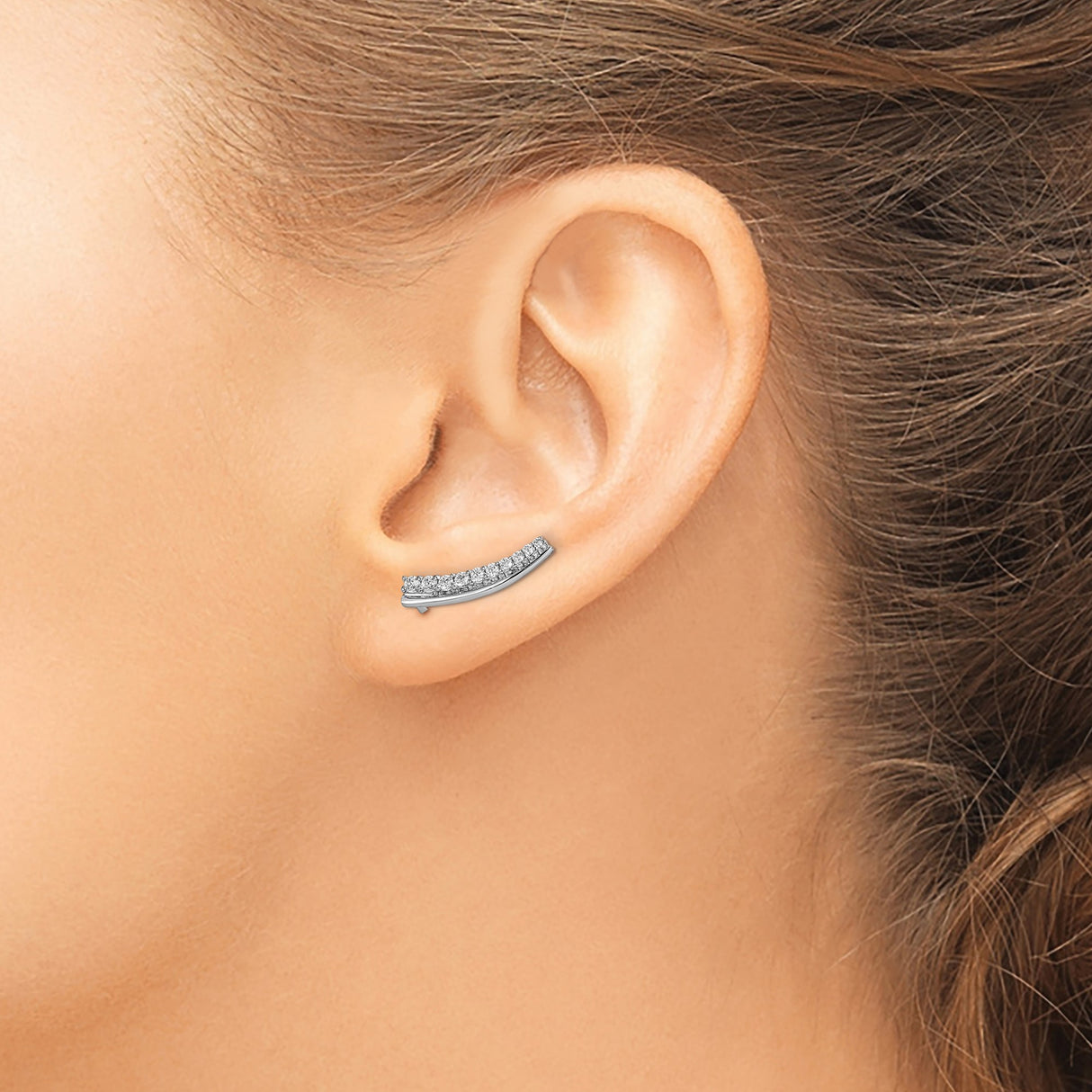 14k White Gold Diamond Curved Climber Earrings with Channel Set Round Cut Diamonds