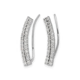 14k White Gold Diamond Ear Climbers with Double Row Round Cut Stones, Modern Curved Earrings