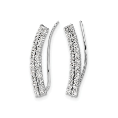 14k White Gold Diamond Ear Climbers with Double Row Round Cut Stones, Modern Curved Earrings