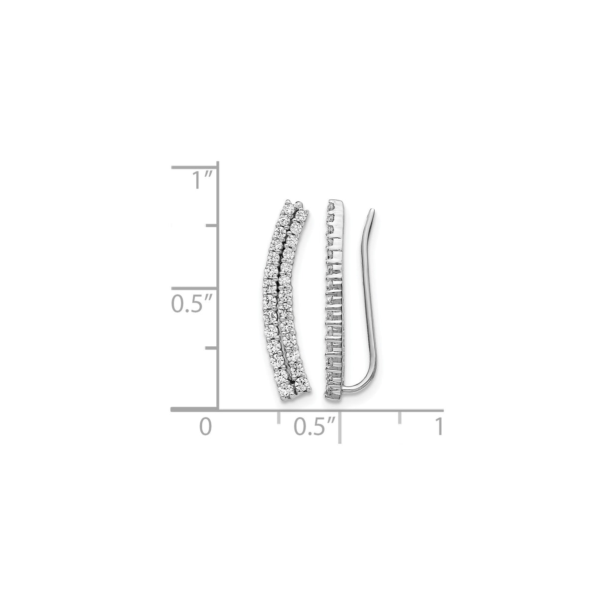 14k White Gold Diamond Ear Climbers with Double Row Round Cut Stones, Modern Curved Earrings