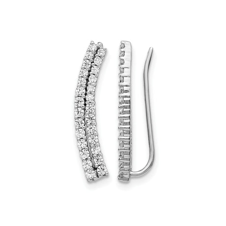 14k White Gold Diamond Ear Climbers with Double Row Round Cut Stones, Modern Curved Earrings