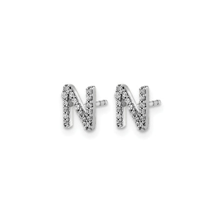 14k White Gold Initial N Stud Earring with Pavé Cubic Zirconia, Dainty Alphabet Letter Jewelry