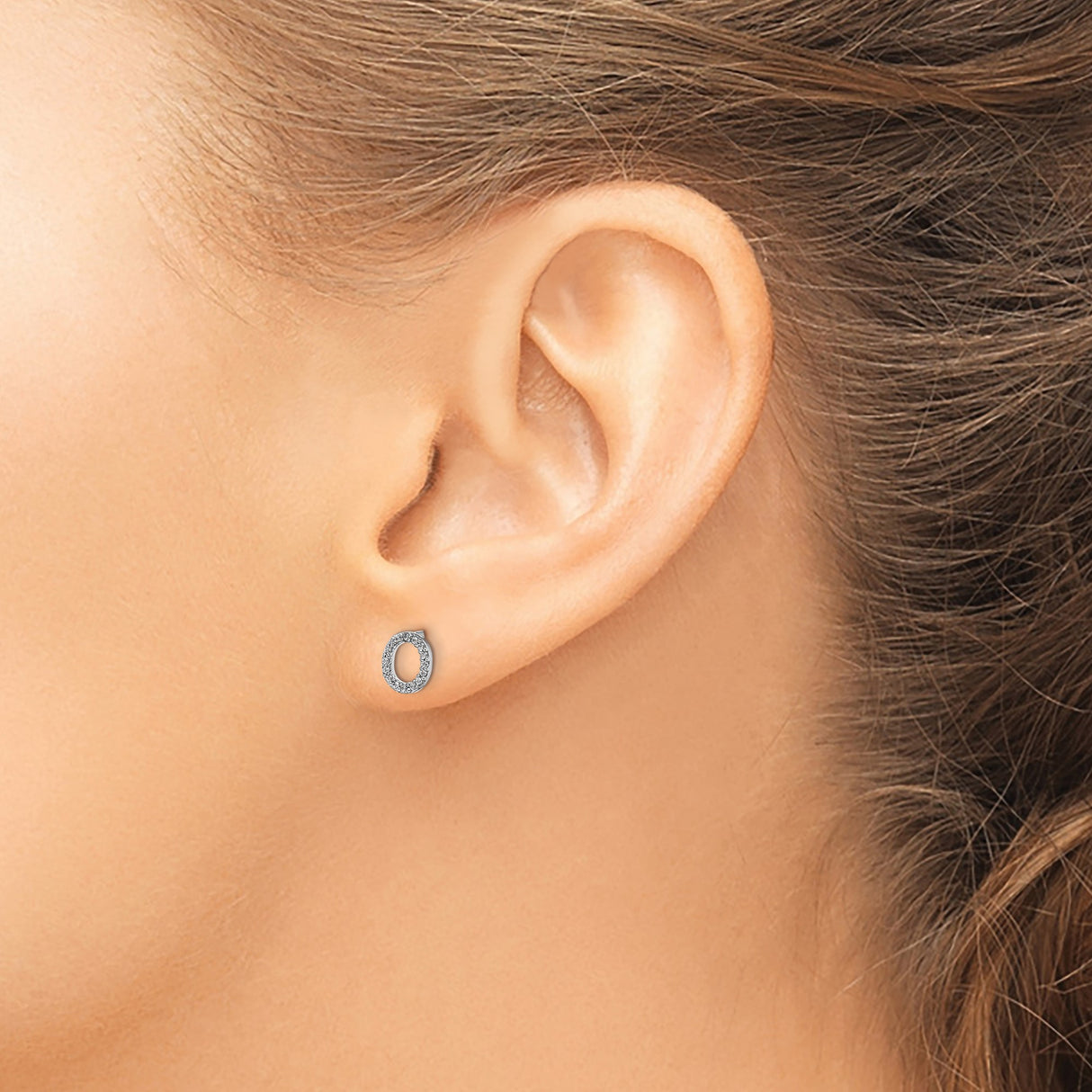 14k White Gold Oval Stud Earrings with Diamond Accents, Open Design, Minimalist Style