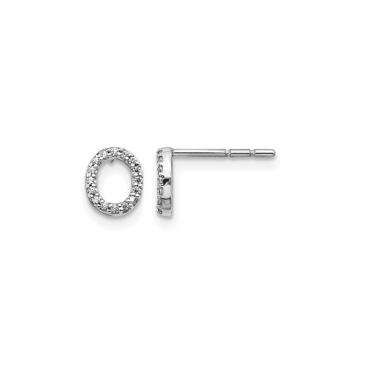 14k White Gold Oval Stud Earrings with Diamond Accents, Open Design, Minimalist Style