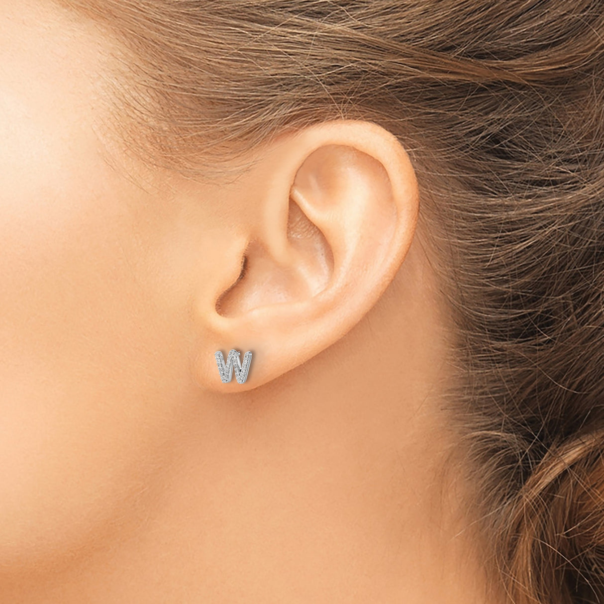 14k White Gold W Initial Stud Earring with Diamond Accents, Modern Alphabet Jewelry for Women