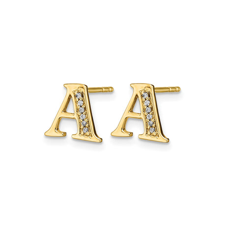 14k Yellow Gold Letter A Stud Earring with Diamond Accent, Minimalist Alphabet Jewelry