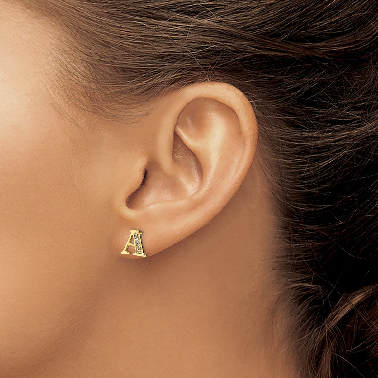 14k Yellow Gold Letter A Stud Earring with Diamond Accent, Minimalist Alphabet Jewelry