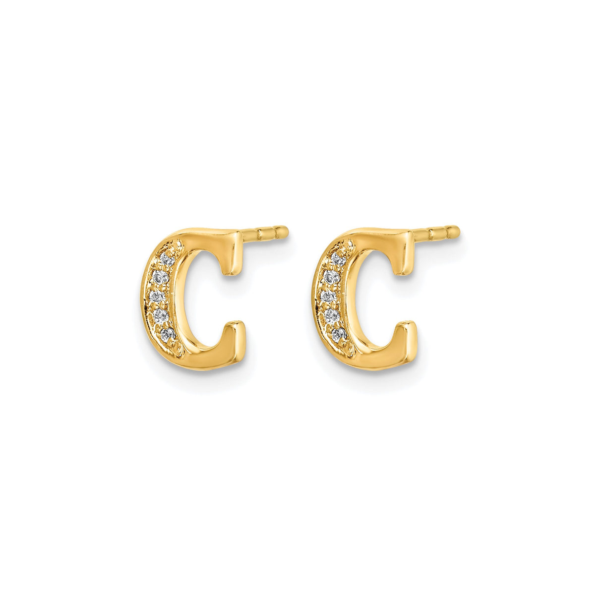 14k Yellow Gold Letter C Stud Earring with Cubic Zirconia, Dainty Monogram Jewelry for Women