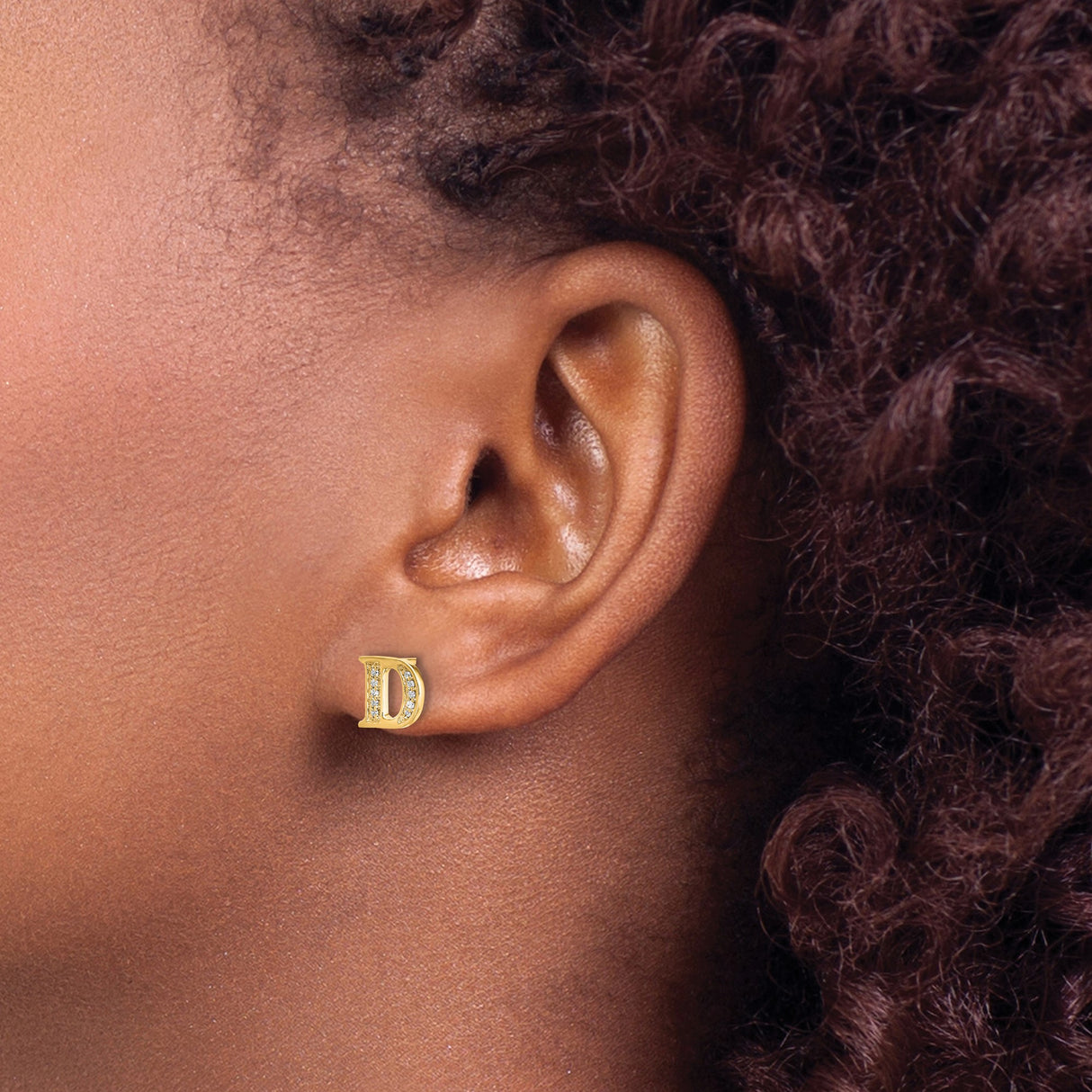 14k Yellow Gold Initial D Stud Earring with Cubic Zirconia, Dainty Letter Design for Women