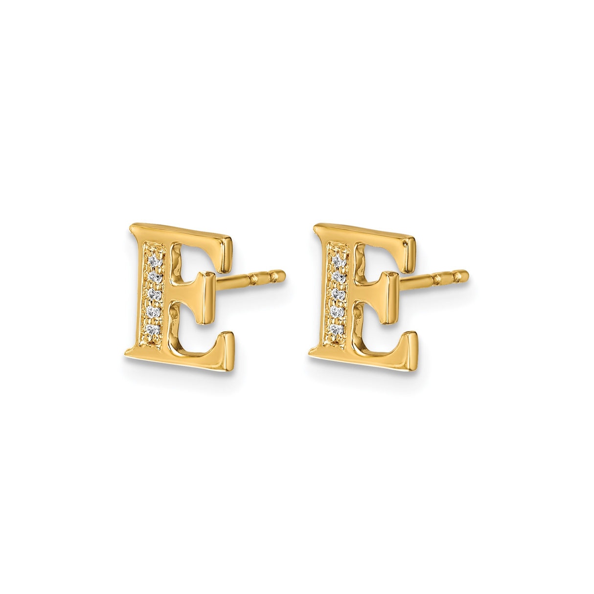 14k Yellow Gold Letter E Stud Earring with Diamond Accents, Dainty Initial Jewelry