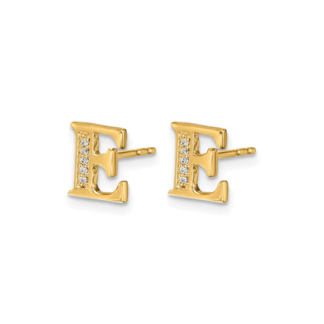 14k Yellow Gold Letter E Stud Earring with Diamond Accents, Dainty Initial Jewelry