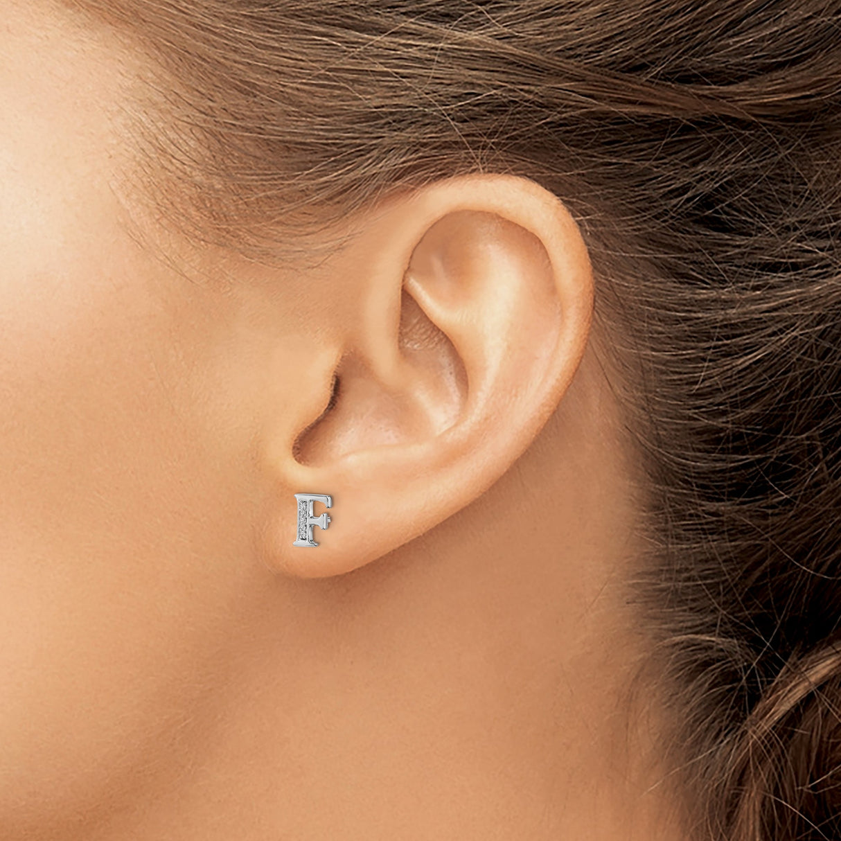 14k White Gold Diamond Initial Stud Earring, Letter F Monogram Jewelry for Women and Teens