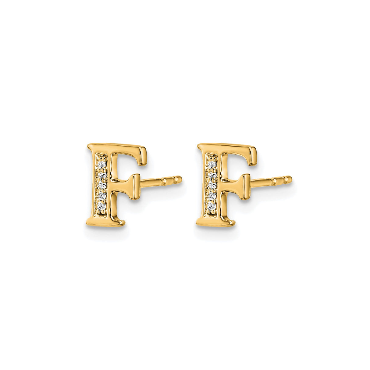 14k Yellow Gold Letter F Stud Earring with Cubic Zirconia, Dainty Personalized Initial Jewelry