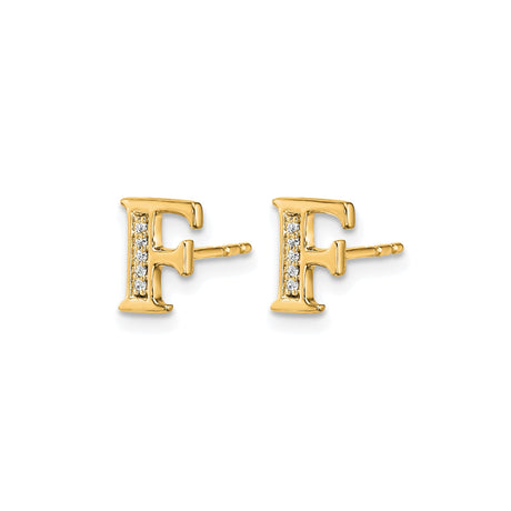 14k Yellow Gold Letter F Stud Earring with Cubic Zirconia, Dainty Personalized Initial Jewelry