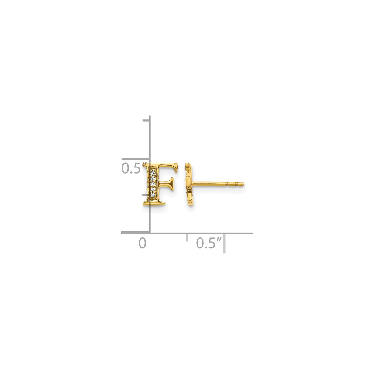 14k Yellow Gold Letter F Stud Earring with Cubic Zirconia, Dainty Personalized Initial Jewelry