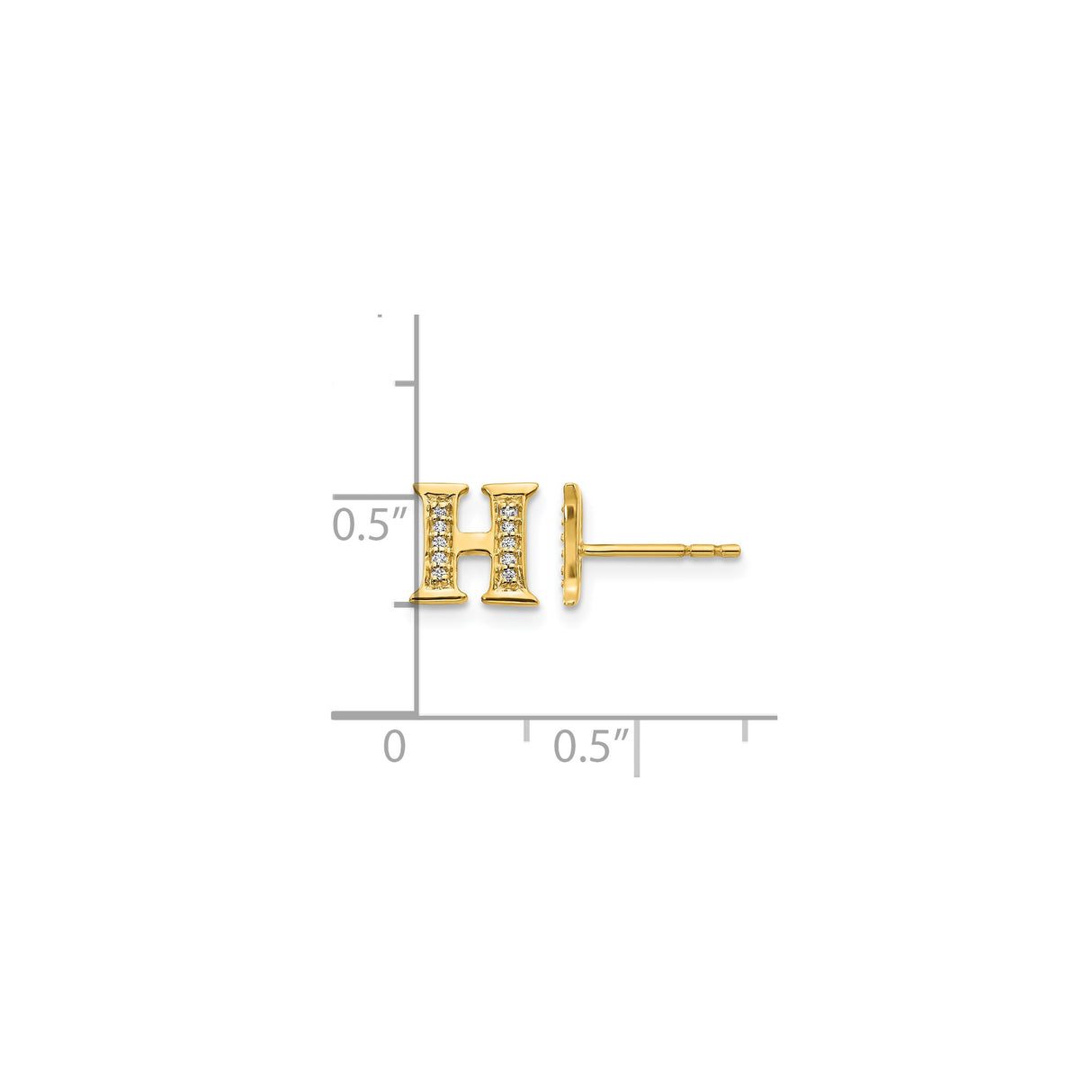 14k Yellow Gold Initial H Stud Earring with Pavé Cubic Zirconia Accents