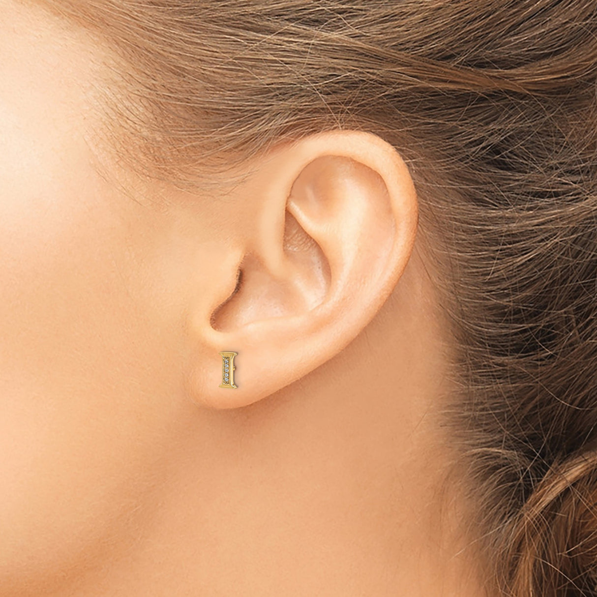 14k Yellow Gold Stud Earrings with Diamond Accent, Block Letter I Initial Design