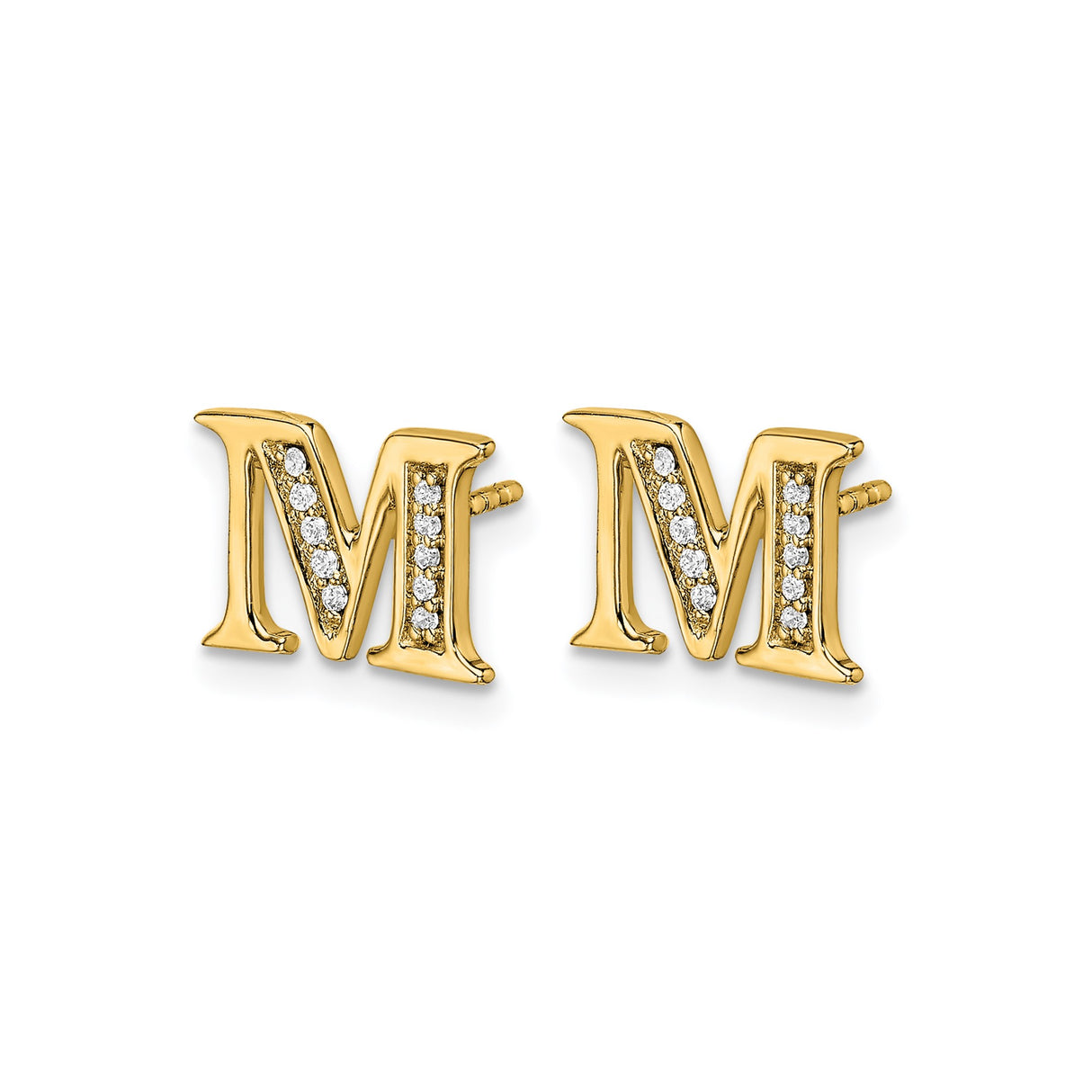 14k Yellow Gold Letter M Stud Earring with Diamond, Personalized Alphabet Jewelry for Women