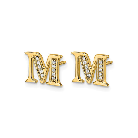 14k Yellow Gold Letter M Stud Earring with Diamond, Personalized Alphabet Jewelry for Women