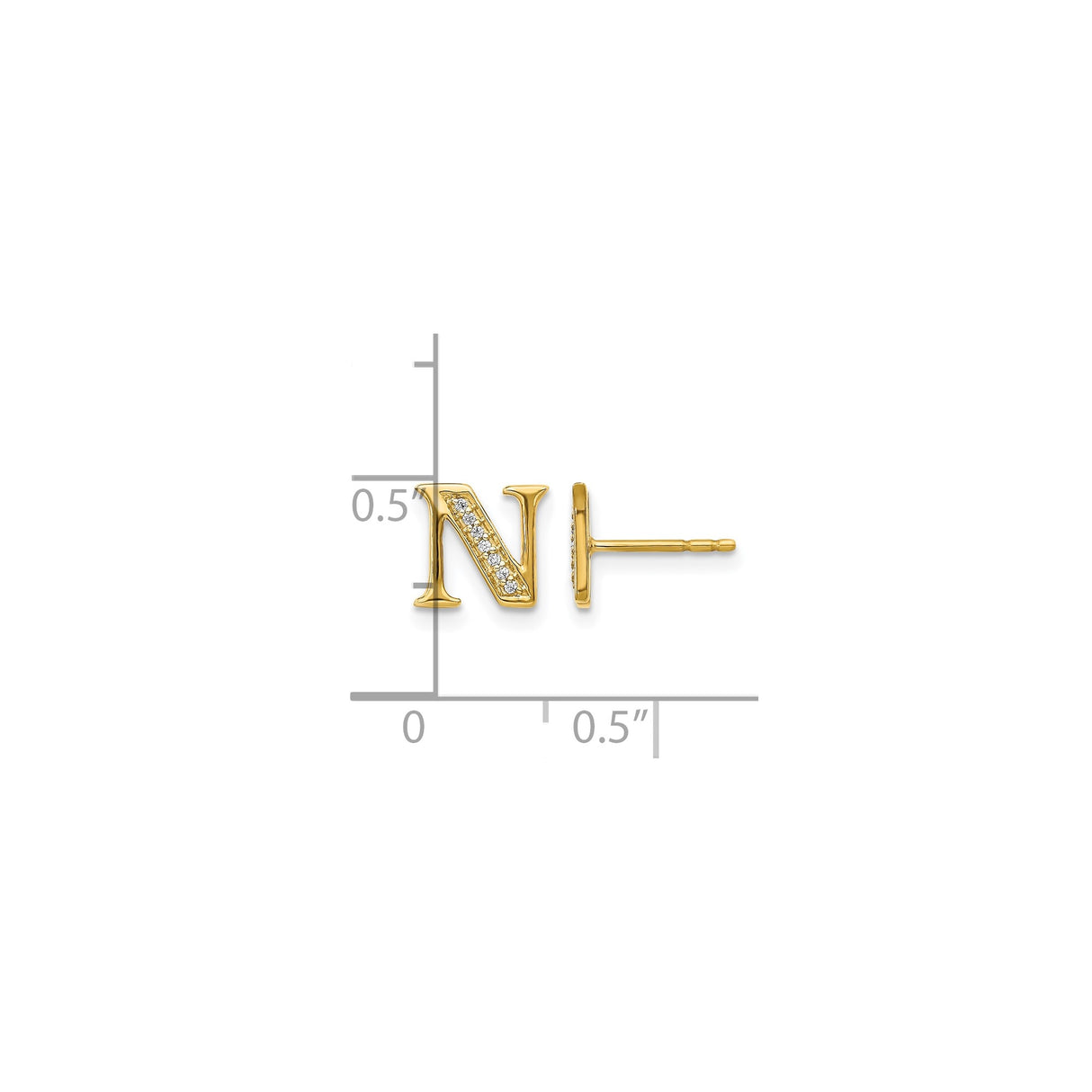 14k Yellow Gold Stud Earring with Diamond, Letter N Initial, Minimalist Monogram Design