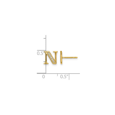 14k Yellow Gold Stud Earring with Diamond, Letter N Initial, Minimalist Monogram Design
