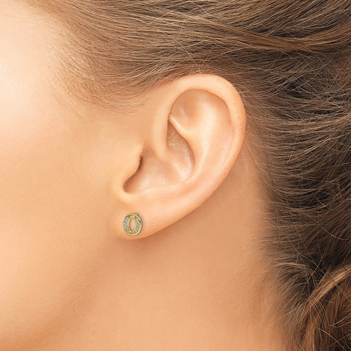 14k Yellow Gold Letter O Stud Earrings with Cubic Zirconia, Dainty Initial Jewelry for Women