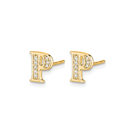 14k Yellow Gold Letter P Stud Earring with Diamond, Personalized Initial Jewelry for Women