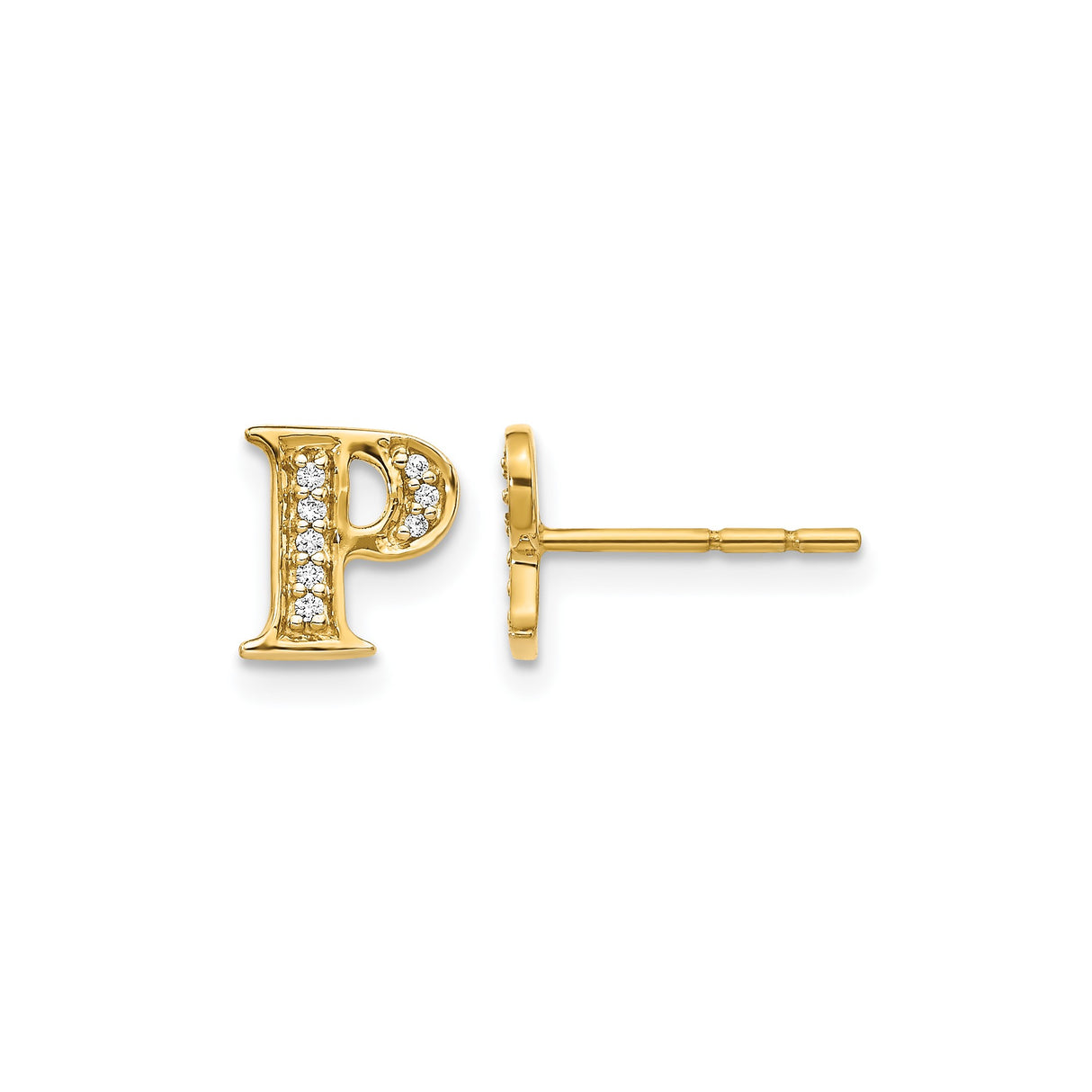 14k Yellow Gold Letter P Stud Earring with Diamond, Personalized Initial Jewelry for Women