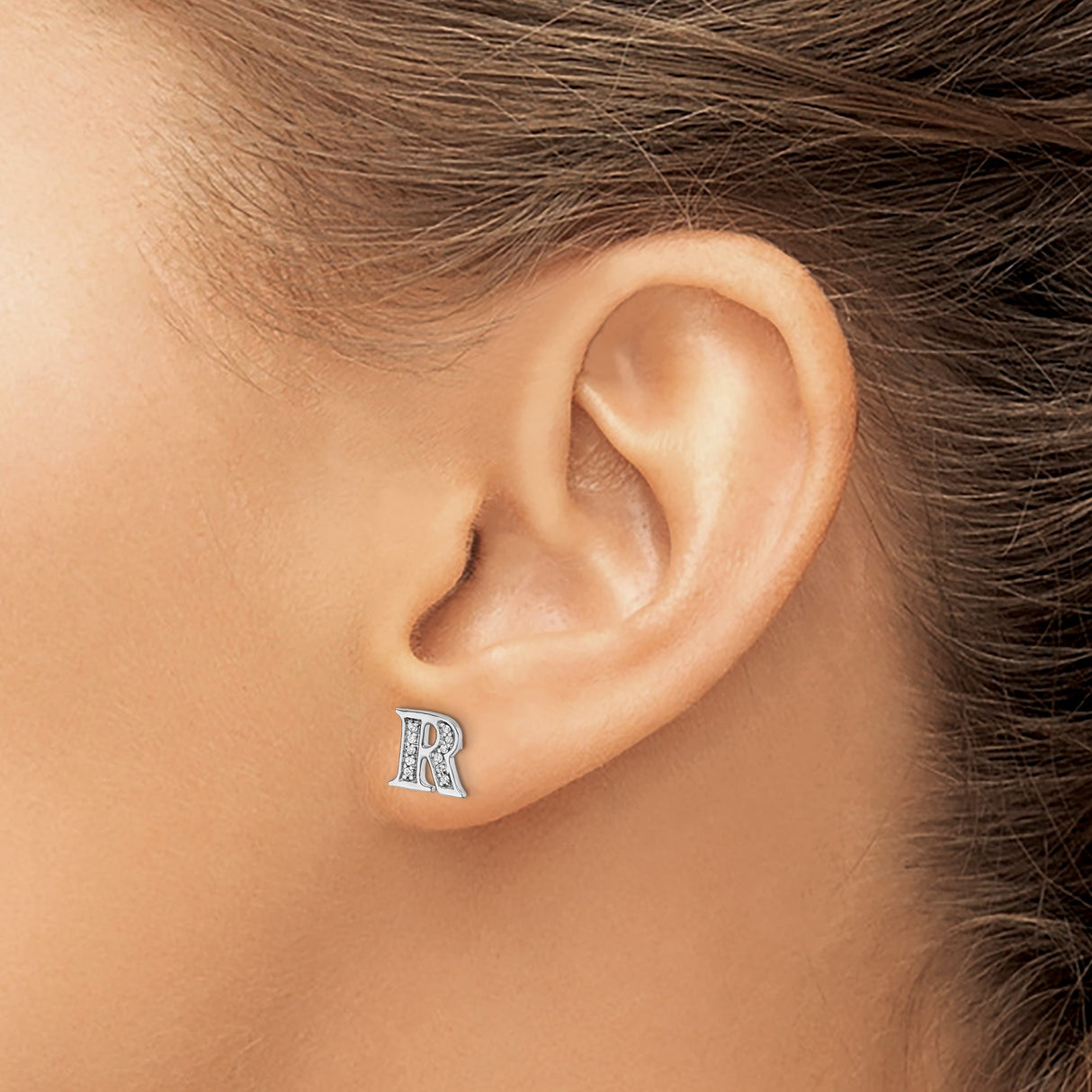 14k White Gold Initial R Stud Earring with Diamond Accent, Letter Monogram Jewelry