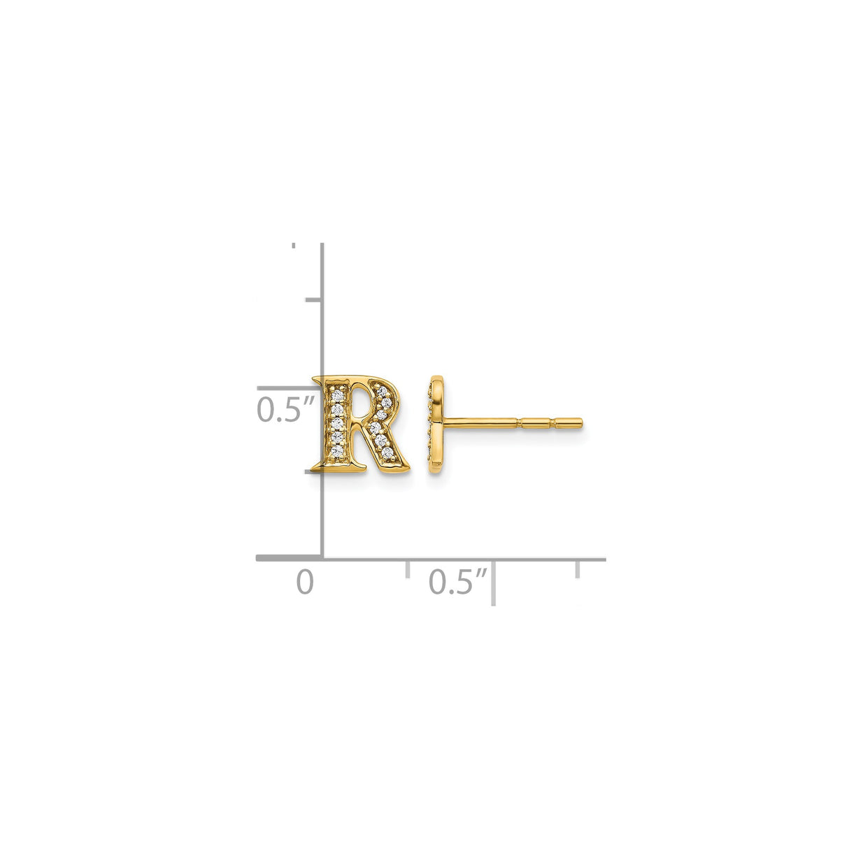 14k Yellow Gold Stud Earring with Diamond, Letter R Initial, Dainty Personalized Jewelry