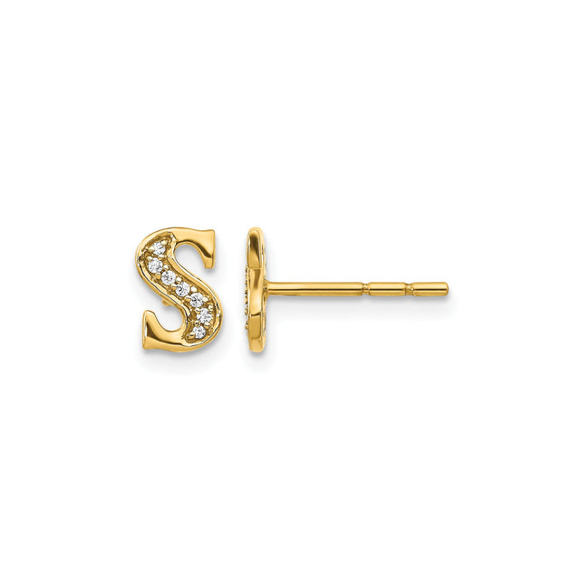 14k Yellow Gold Initial S Stud Earring with Diamonds, Dainty Alphabet Jewelry for Women
