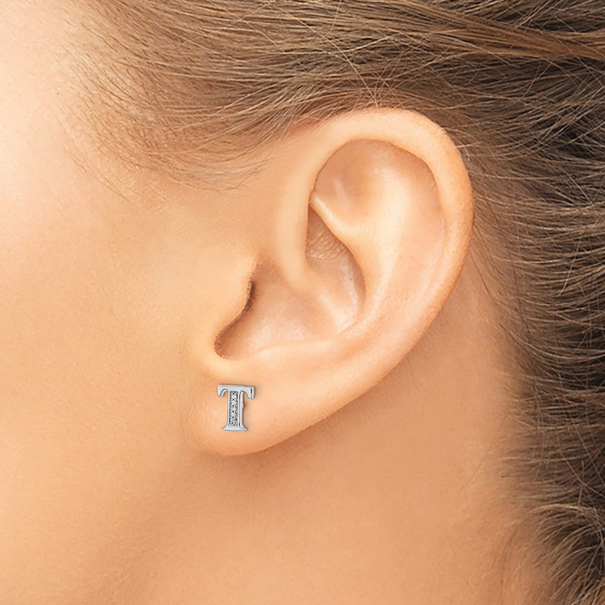 14k White Gold Diamond Initial T Stud Earring, Personalized Letter Monogram Jewelry