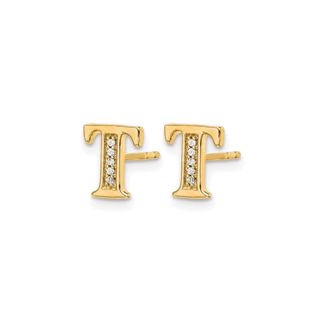 14k Yellow Gold Letter T Stud Earring with Diamond Accents, Block Font Design, Single Earring