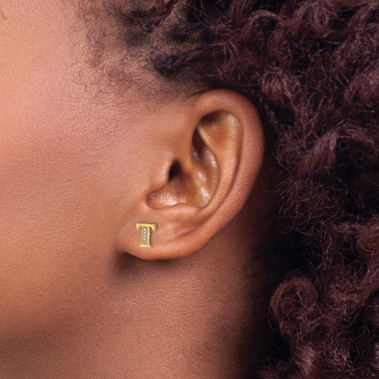 14k Yellow Gold Letter T Stud Earring with Diamond Accents, Block Font Design, Single Earring