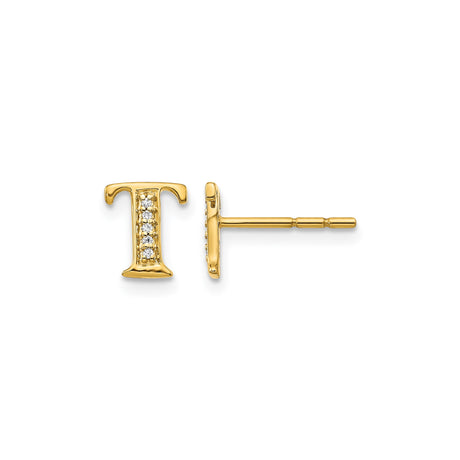 14k Yellow Gold Letter T Stud Earring with Diamond Accents, Block Font Design, Single Earring