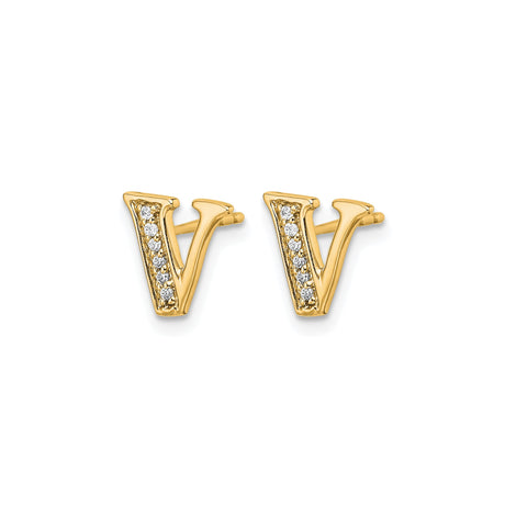 14k Yellow Gold Initial V Stud Earring with Small Round Diamonds, Personalized Letter Jewelry