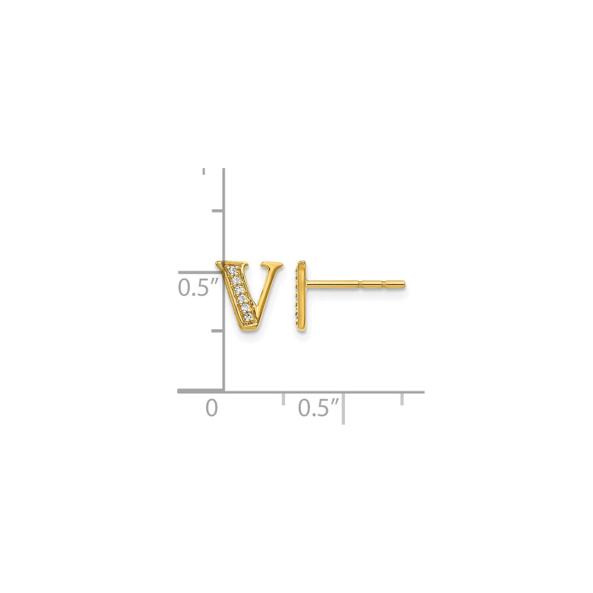 14k Yellow Gold Initial V Stud Earring with Small Round Diamonds, Personalized Letter Jewelry