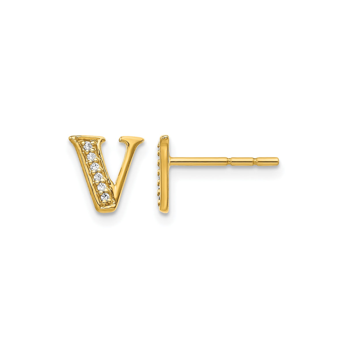 14k Yellow Gold Initial V Stud Earring with Small Round Diamonds, Personalized Letter Jewelry