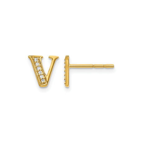 14k Yellow Gold Initial V Stud Earring with Small Round Diamonds, Personalized Letter Jewelry